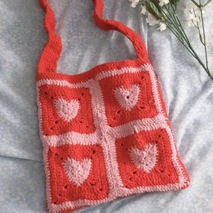 Handmade Red and Pink Crochet Tote Bag